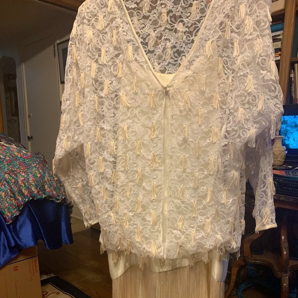 Creme Satin/Lace Fringe Dress - Picture 4 of 7